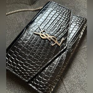 Saint Laurent Uptown Chain Wallet Crocodile Embossed Leather